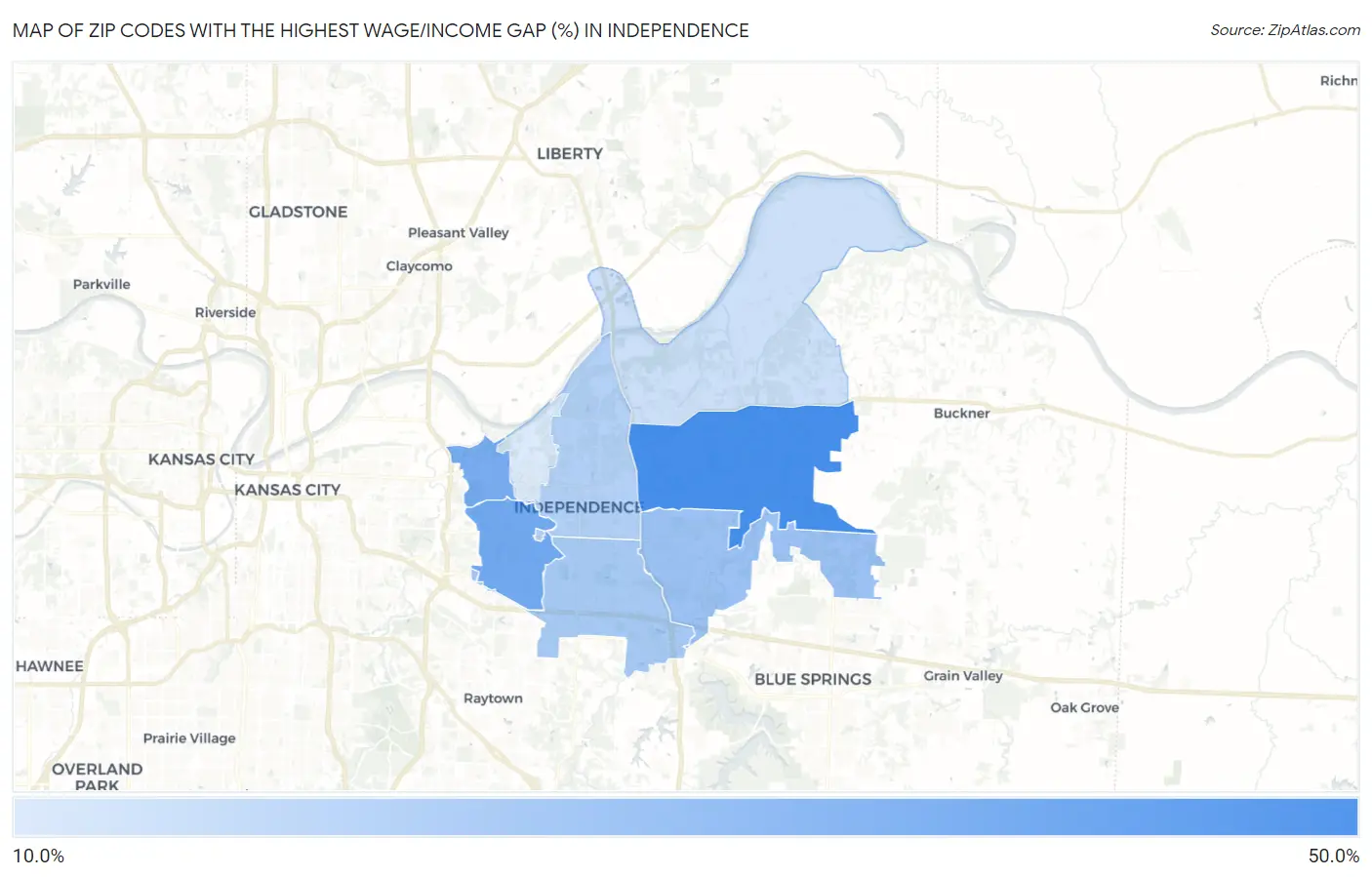 Zip Codes with the Highest Wage/Income Gap (%) in Independence Map