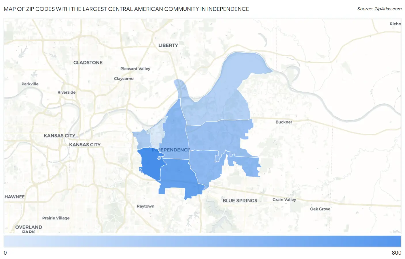 Zip Codes with the Largest Central American Community in Independence Map