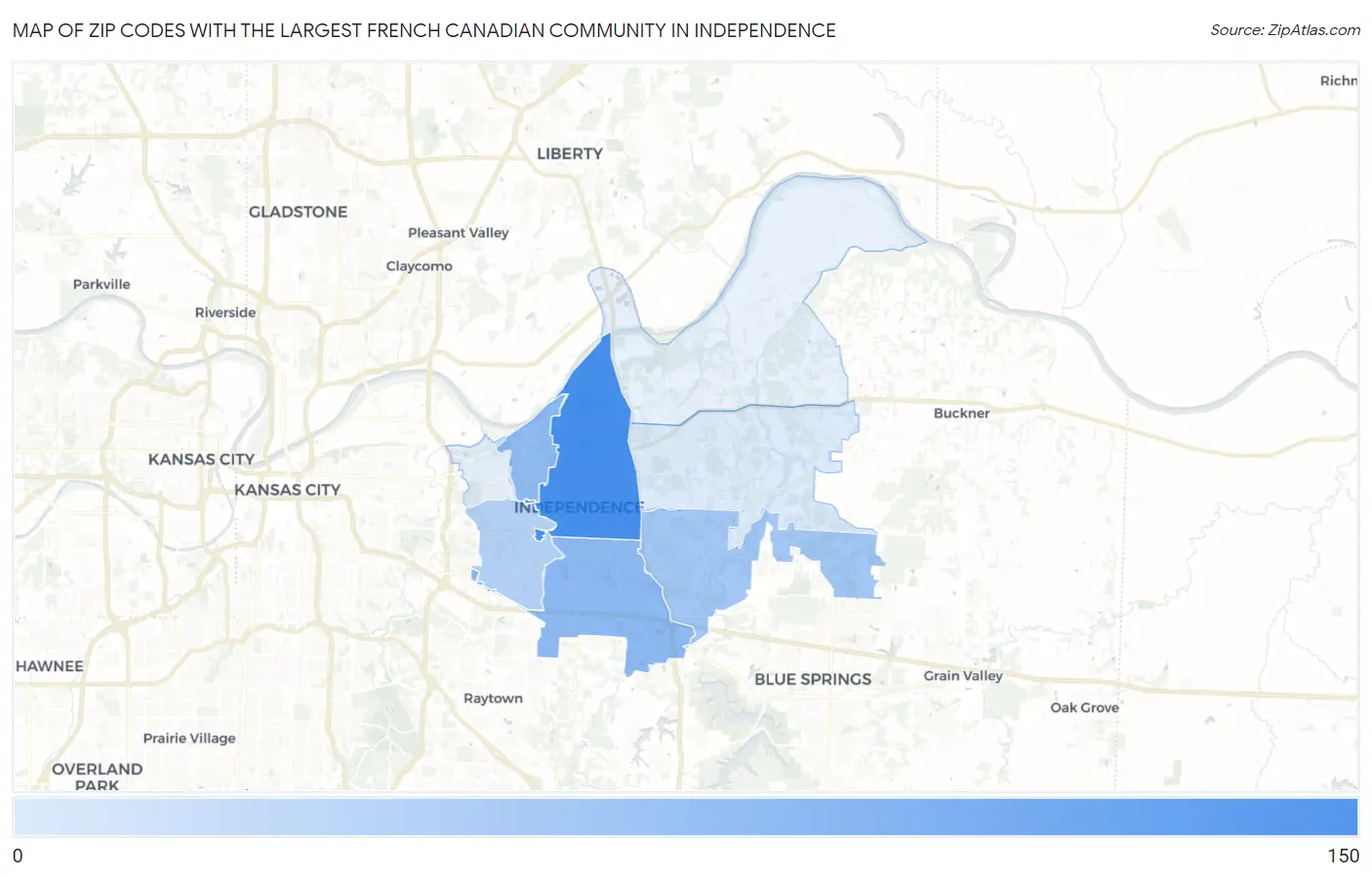 Zip Codes with the Largest French Canadian Community in Independence Map