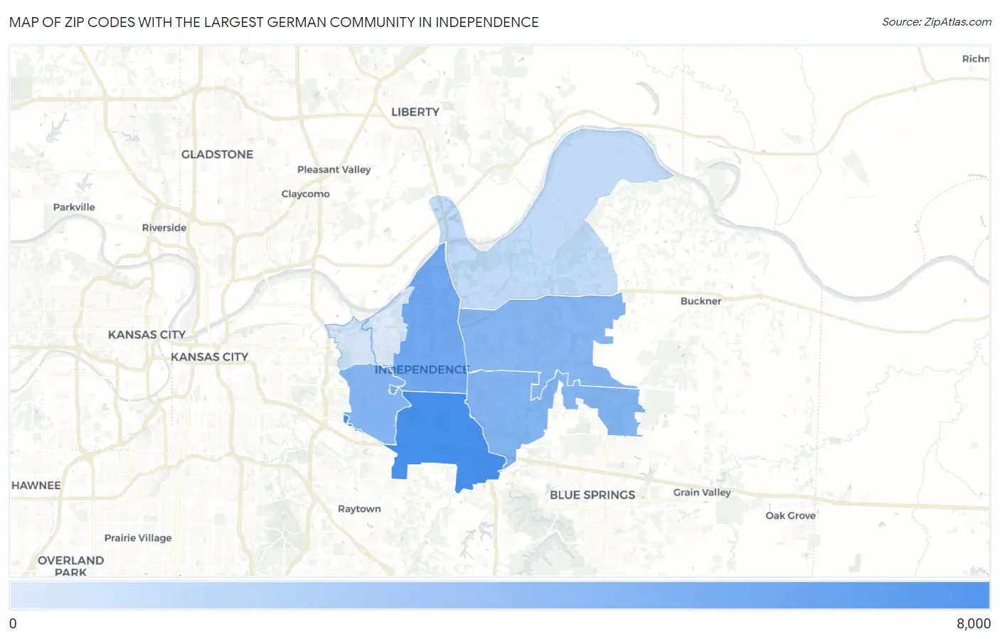 Zip Codes with the Largest German Community in Independence Map