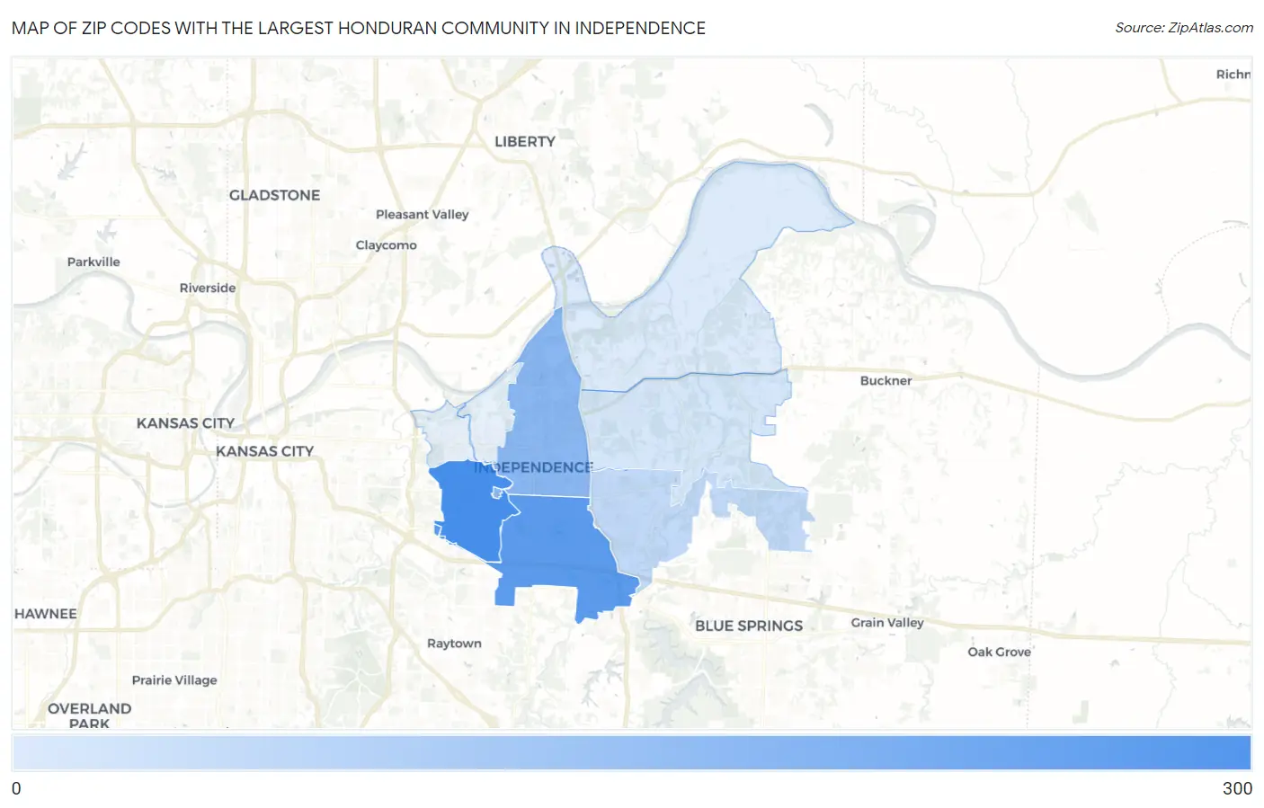 Zip Codes with the Largest Honduran Community in Independence Map
