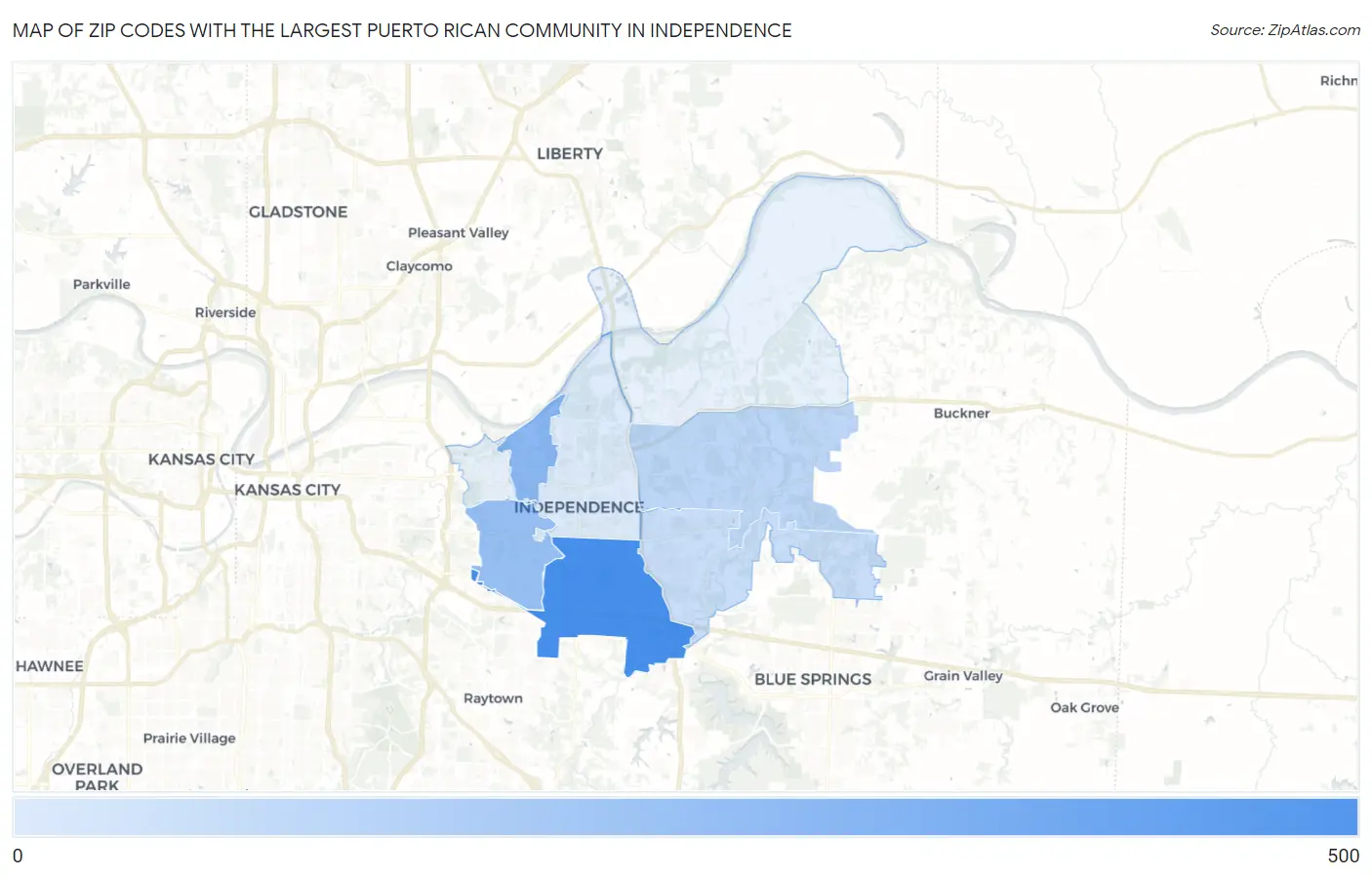 Zip Codes with the Largest Puerto Rican Community in Independence Map