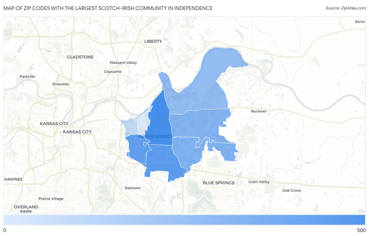 Zip Codes with the Largest Scotch-Irish Community in Independence Map