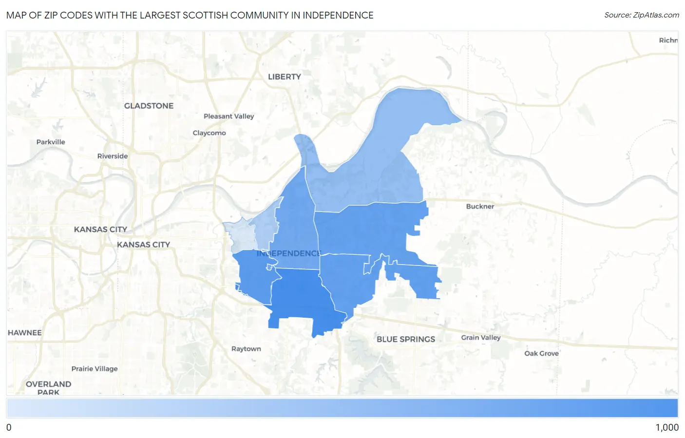 Zip Codes with the Largest Scottish Community in Independence Map