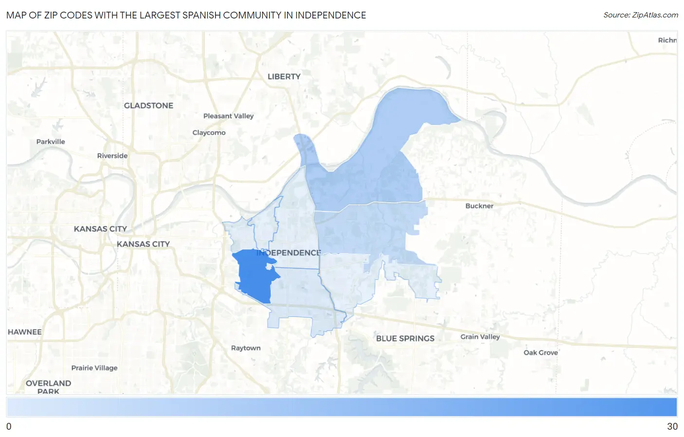 Zip Codes with the Largest Spanish Community in Independence Map