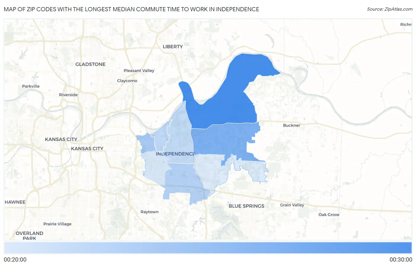 Zip Codes with the Longest Median Commute Time to Work in Independence Map