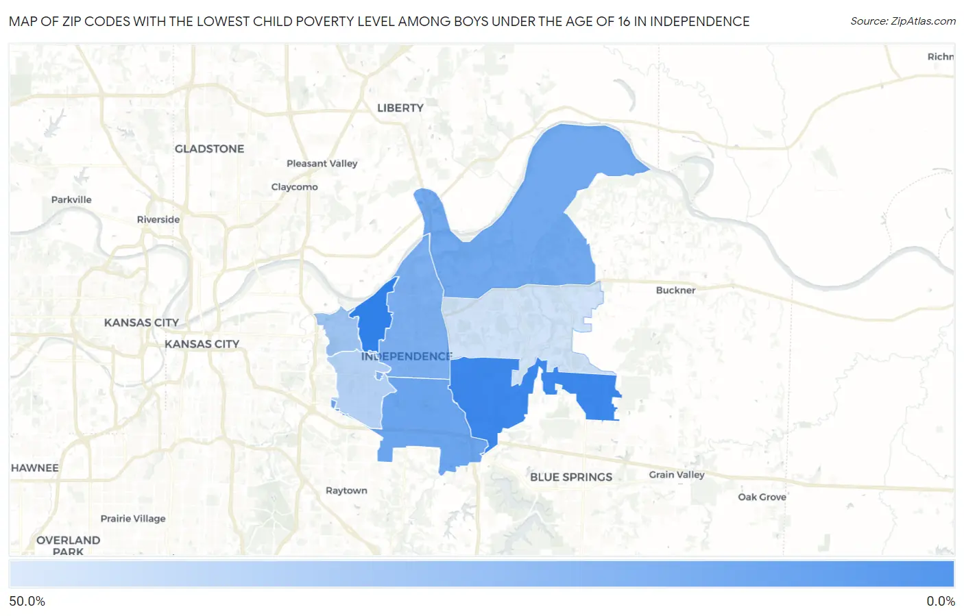 Zip Codes with the Lowest Child Poverty Level Among Boys Under the Age of 16 in Independence Map