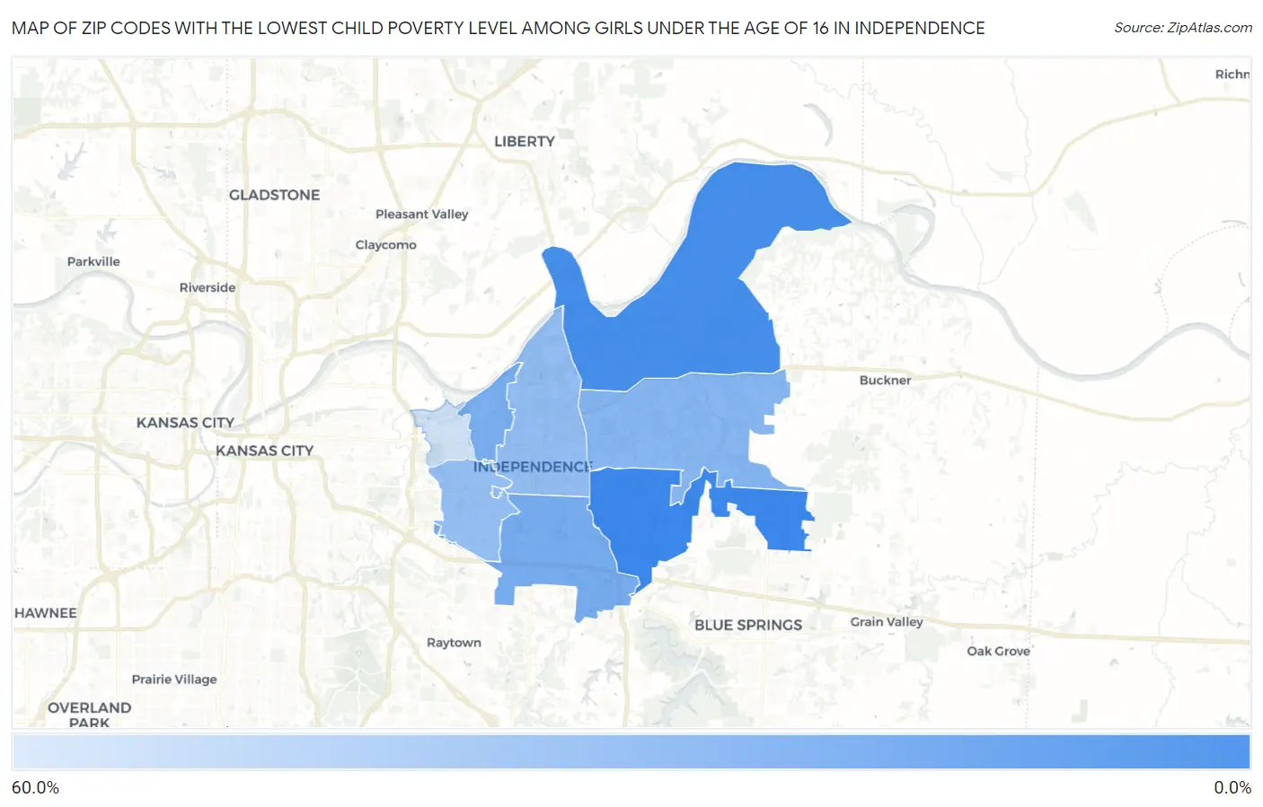 Zip Codes with the Lowest Child Poverty Level Among Girls Under the Age of 16 in Independence Map