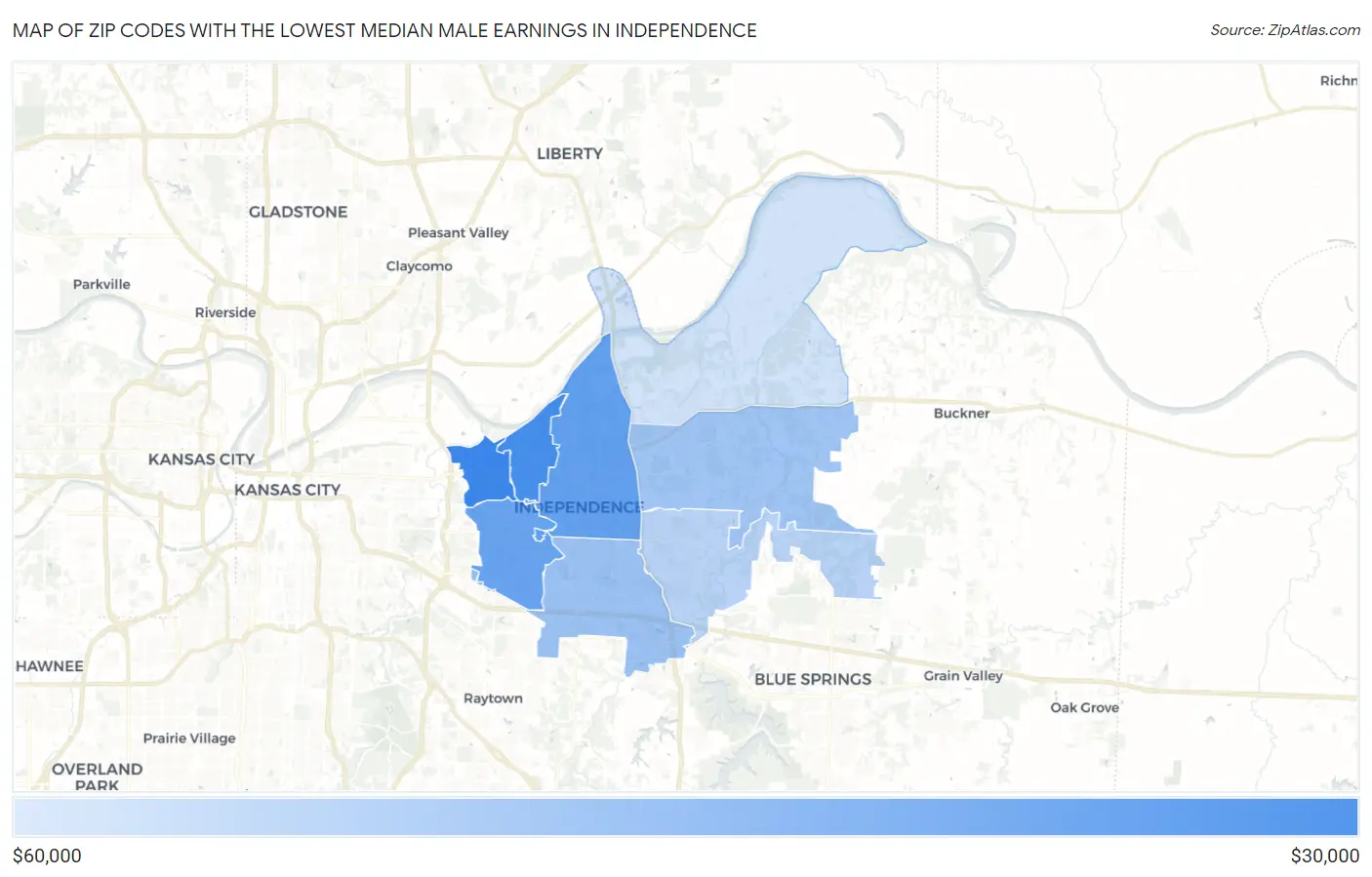 Zip Codes with the Lowest Median Male Earnings in Independence Map