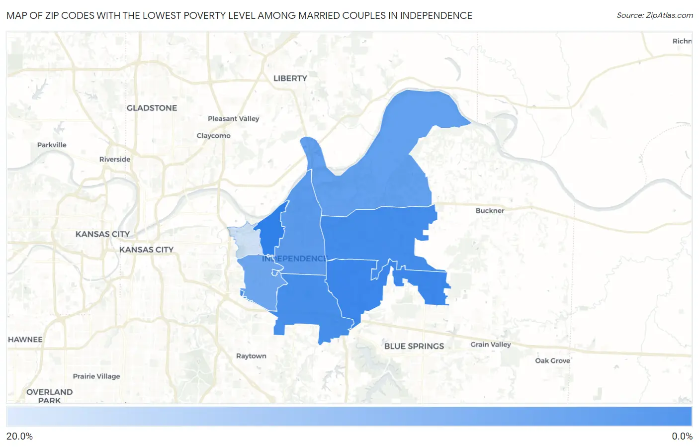 Zip Codes with the Lowest Poverty Level Among Married Couples in Independence Map