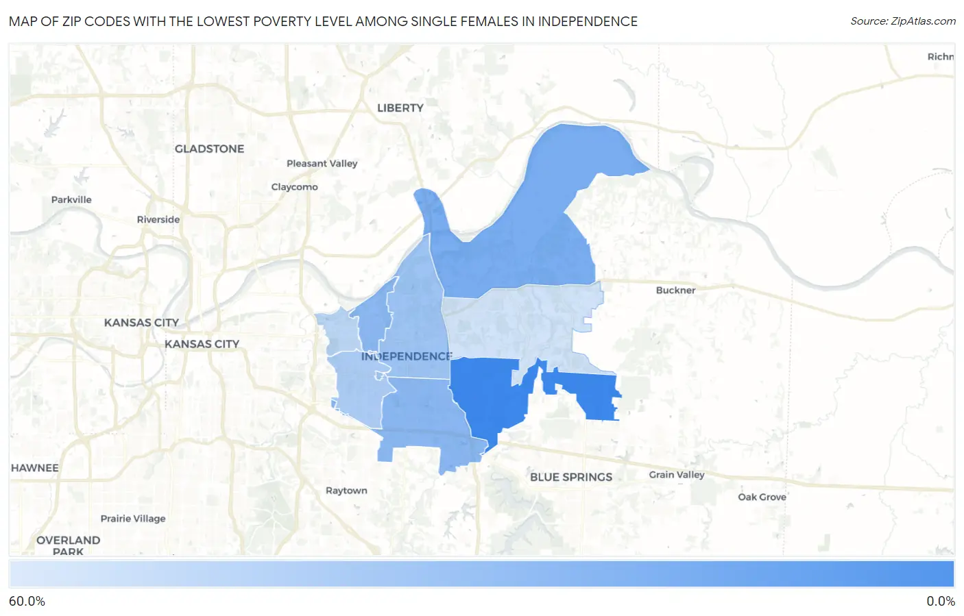 Zip Codes with the Lowest Poverty Level Among Single Females in Independence Map