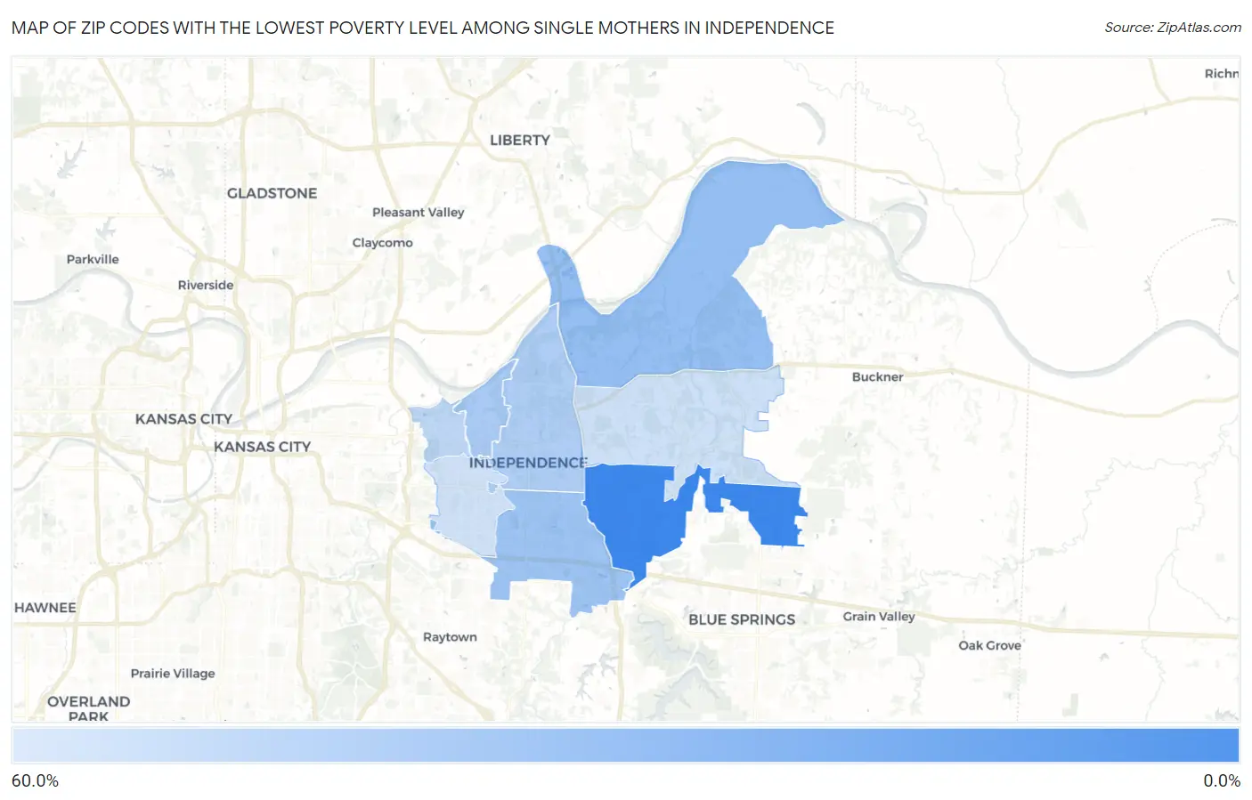 Zip Codes with the Lowest Poverty Level Among Single Mothers in Independence Map