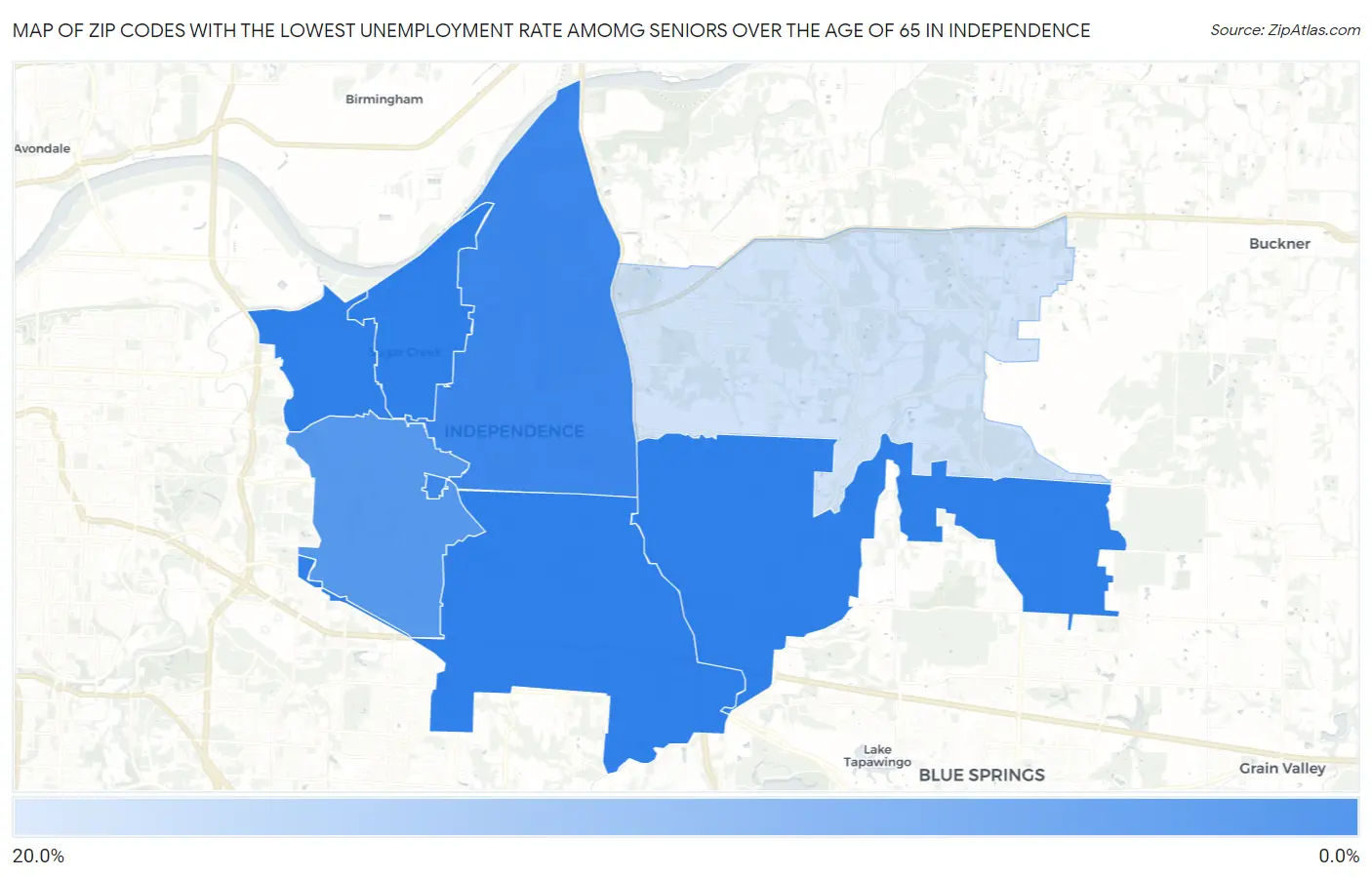 Zip Codes with the Lowest Unemployment Rate Amomg Seniors Over the Age of 65 in Independence Map