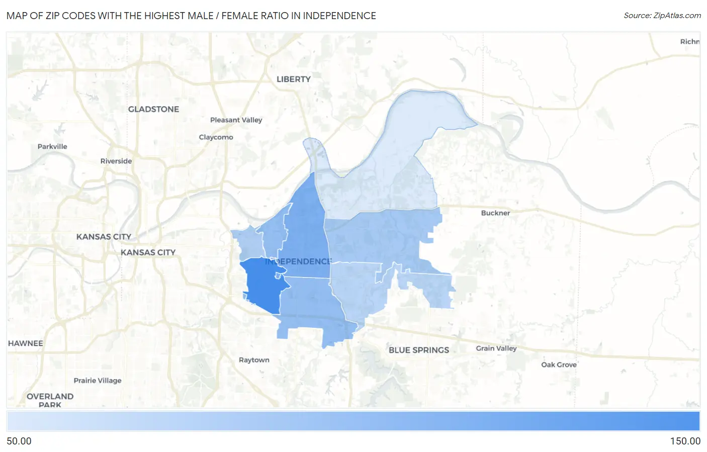 Zip Codes with the Highest Male / Female Ratio in Independence Map