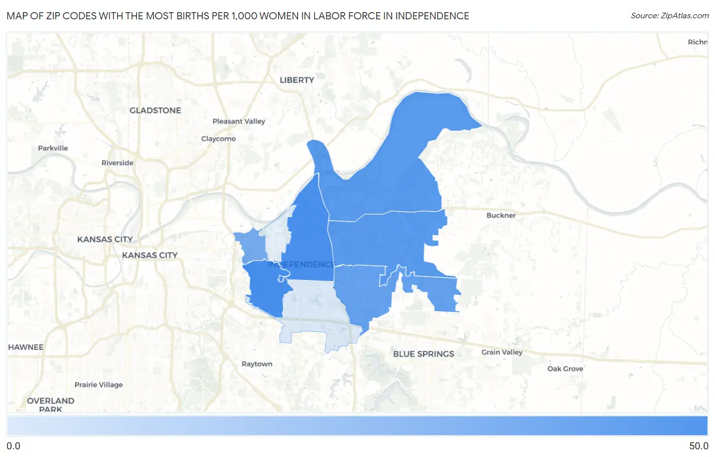 Zip Codes with the Most Births per 1,000 Women in Labor Force in Independence Map