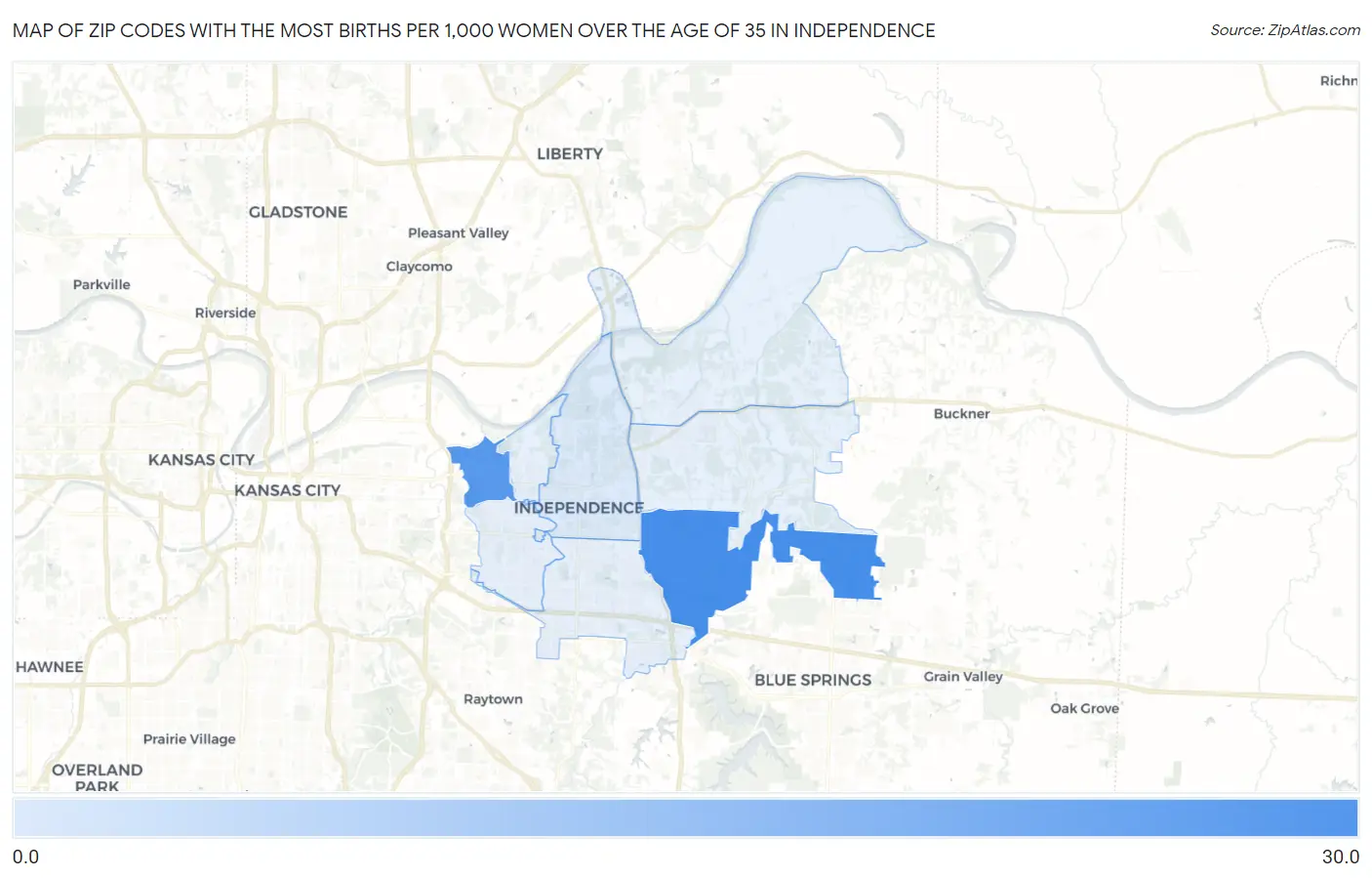 Zip Codes with the Most Births per 1,000 Women Over the Age of 35 in Independence Map