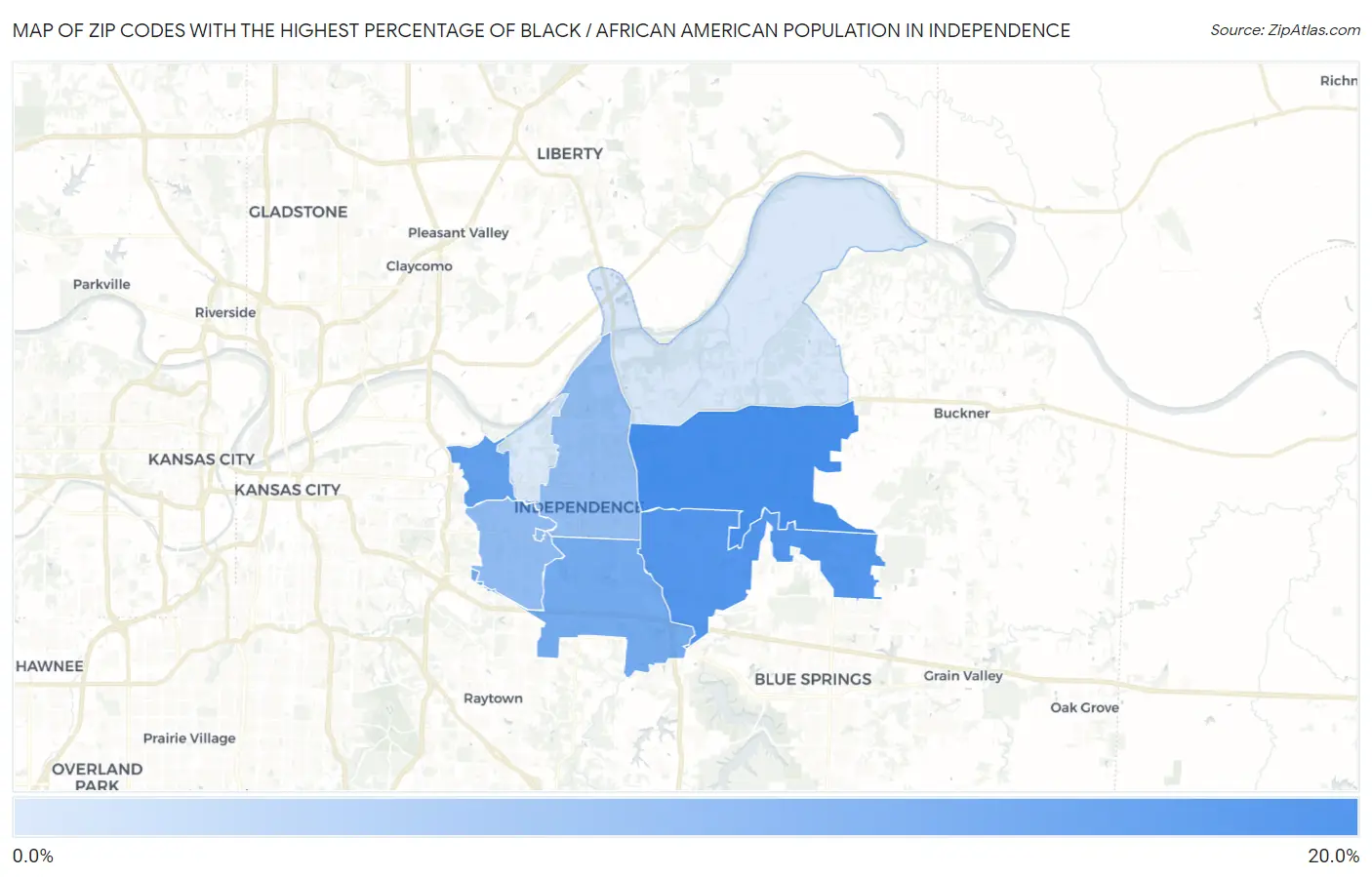 Zip Codes with the Highest Percentage of Black / African American Population in Independence Map