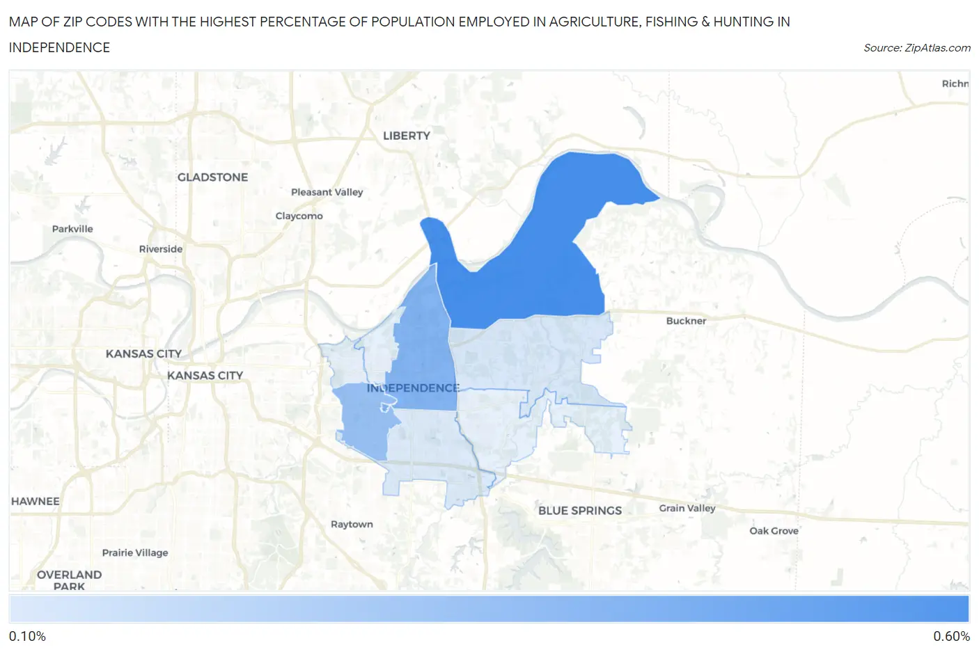 Zip Codes with the Highest Percentage of Population Employed in Agriculture, Fishing & Hunting in Independence Map