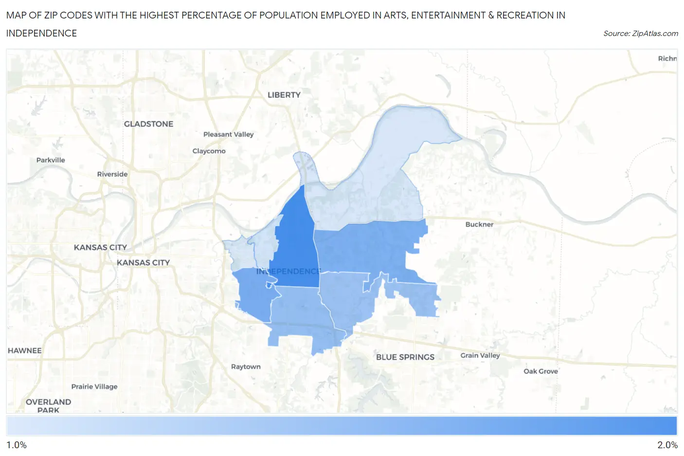 Zip Codes with the Highest Percentage of Population Employed in Arts, Entertainment & Recreation in Independence Map