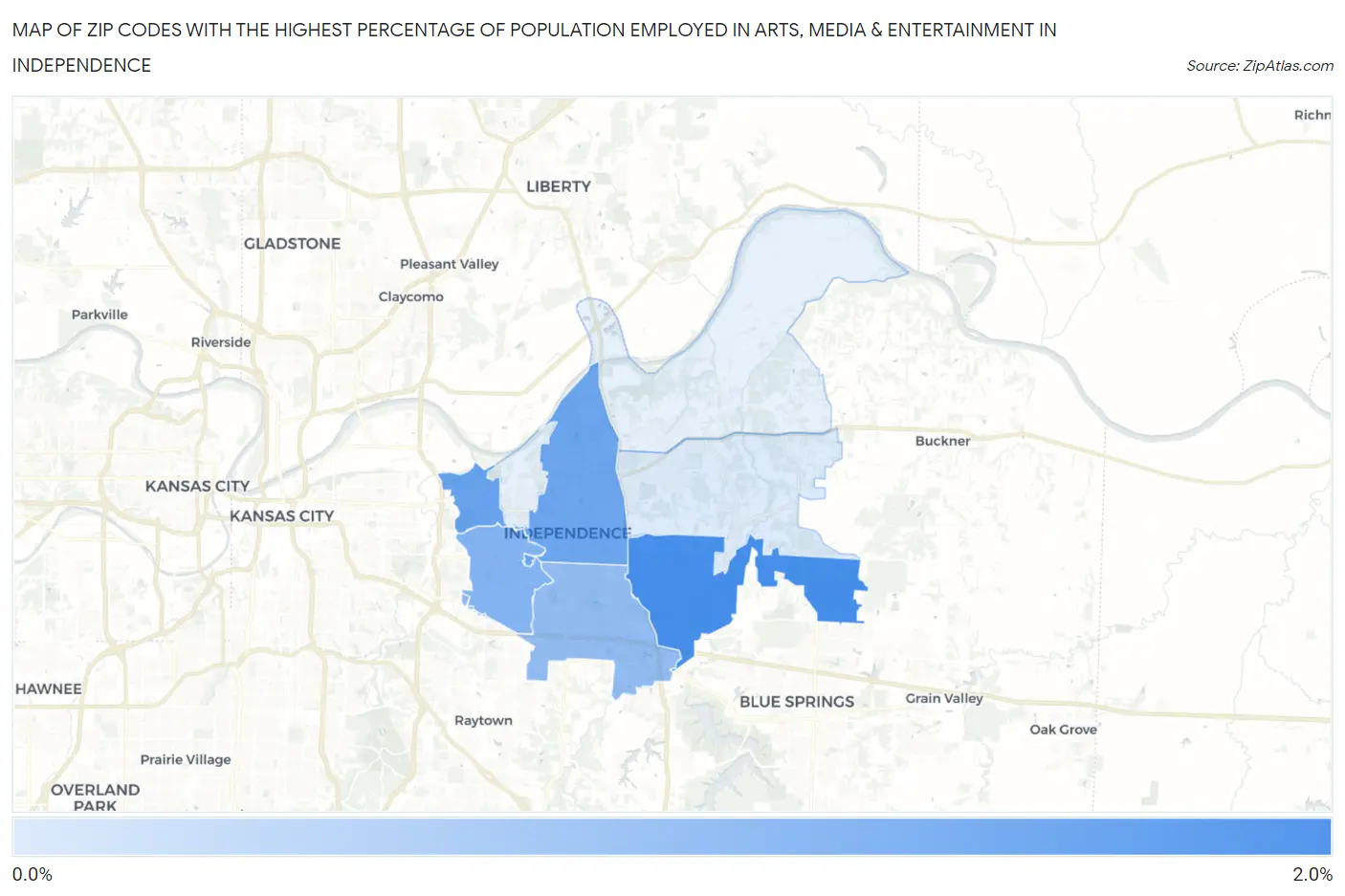 Zip Codes with the Highest Percentage of Population Employed in Arts, Media & Entertainment in Independence Map