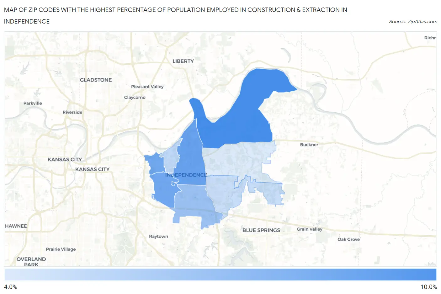 Zip Codes with the Highest Percentage of Population Employed in Construction & Extraction in Independence Map