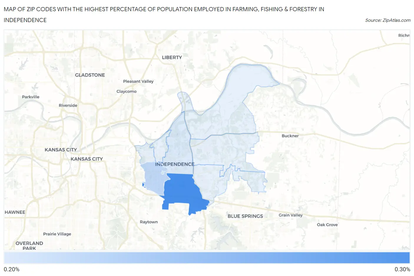 Zip Codes with the Highest Percentage of Population Employed in Farming, Fishing & Forestry in Independence Map