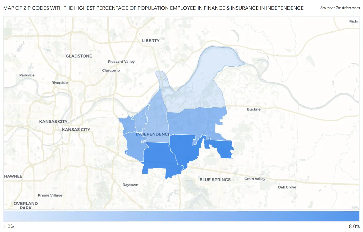 Zip Codes with the Highest Percentage of Population Employed in Finance & Insurance in Independence Map