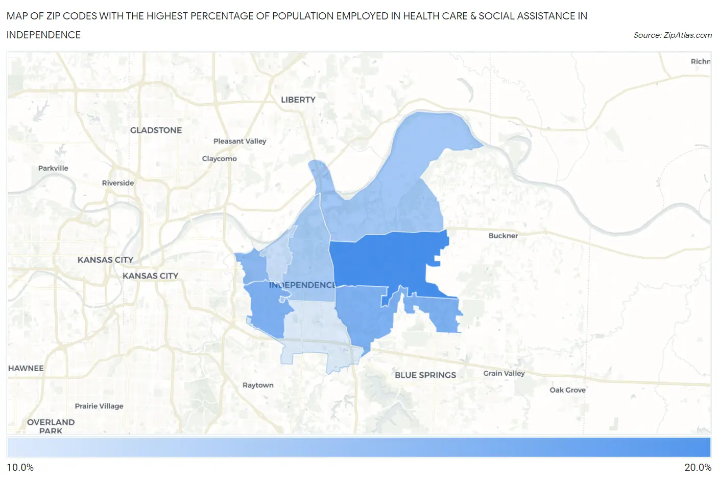 Zip Codes with the Highest Percentage of Population Employed in Health Care & Social Assistance in Independence Map