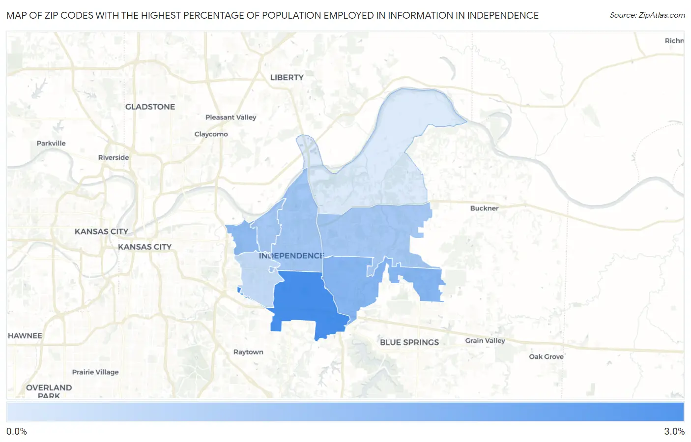 Zip Codes with the Highest Percentage of Population Employed in Information in Independence Map