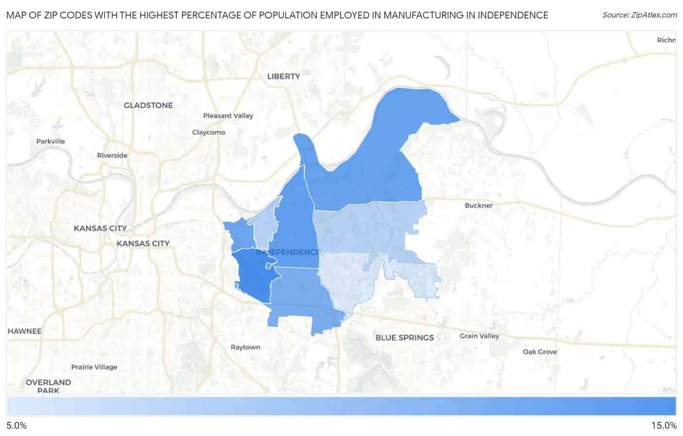 Zip Codes with the Highest Percentage of Population Employed in Manufacturing in Independence Map