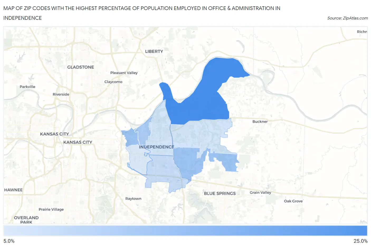 Zip Codes with the Highest Percentage of Population Employed in Office & Administration in Independence Map