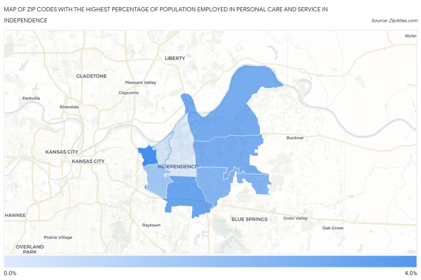 Zip Codes with the Highest Percentage of Population Employed in Personal Care and Service in Independence Map