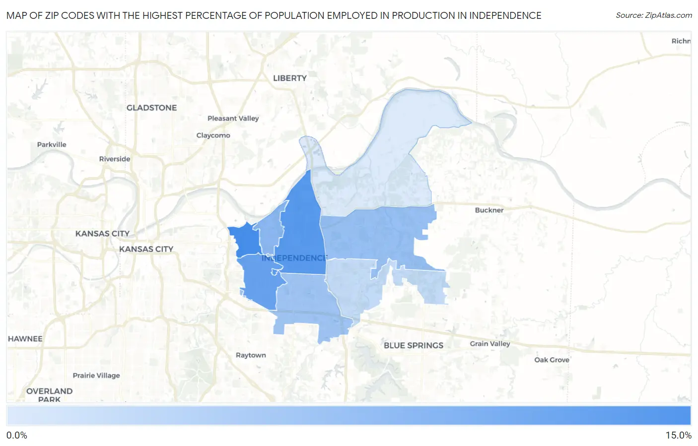 Zip Codes with the Highest Percentage of Population Employed in Production in Independence Map
