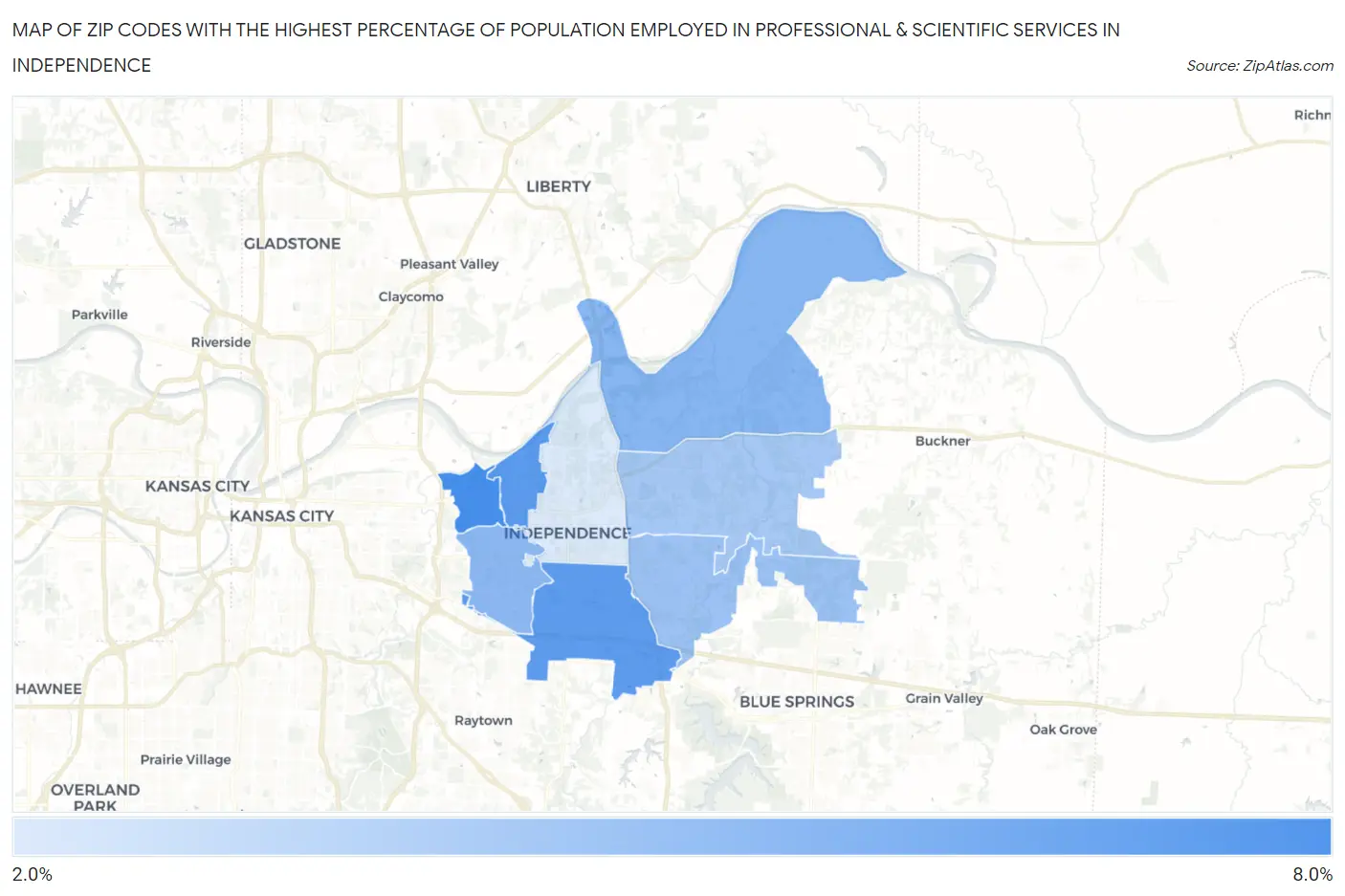 Zip Codes with the Highest Percentage of Population Employed in Professional & Scientific Services in Independence Map