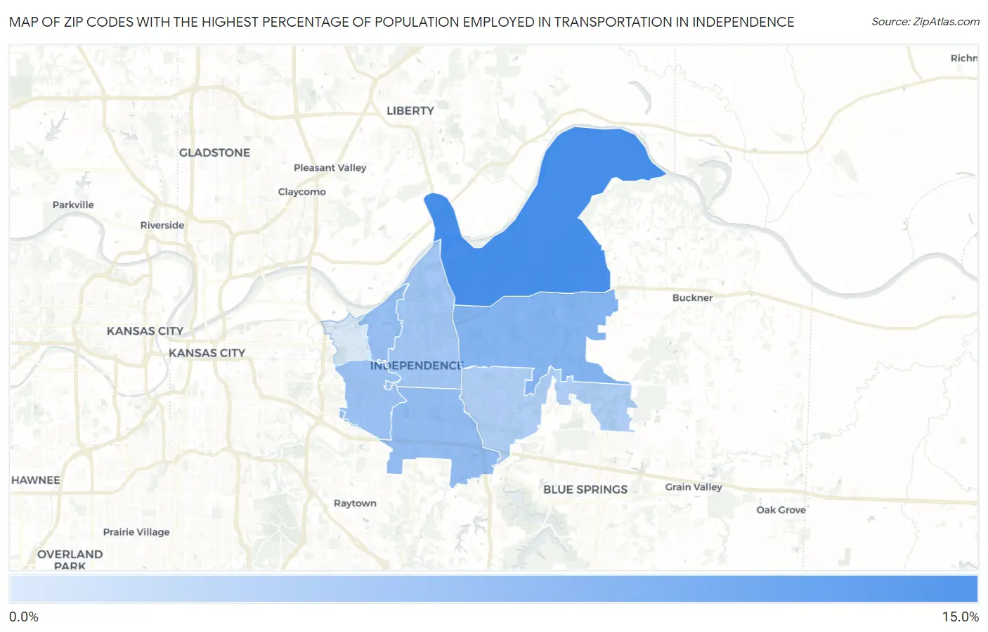 Zip Codes with the Highest Percentage of Population Employed in Transportation in Independence Map