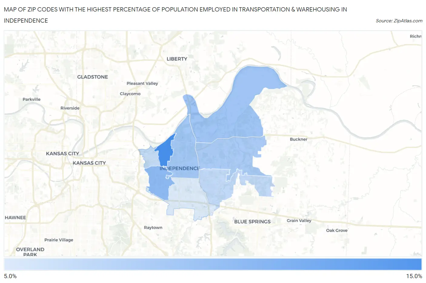 Zip Codes with the Highest Percentage of Population Employed in Transportation & Warehousing in Independence Map