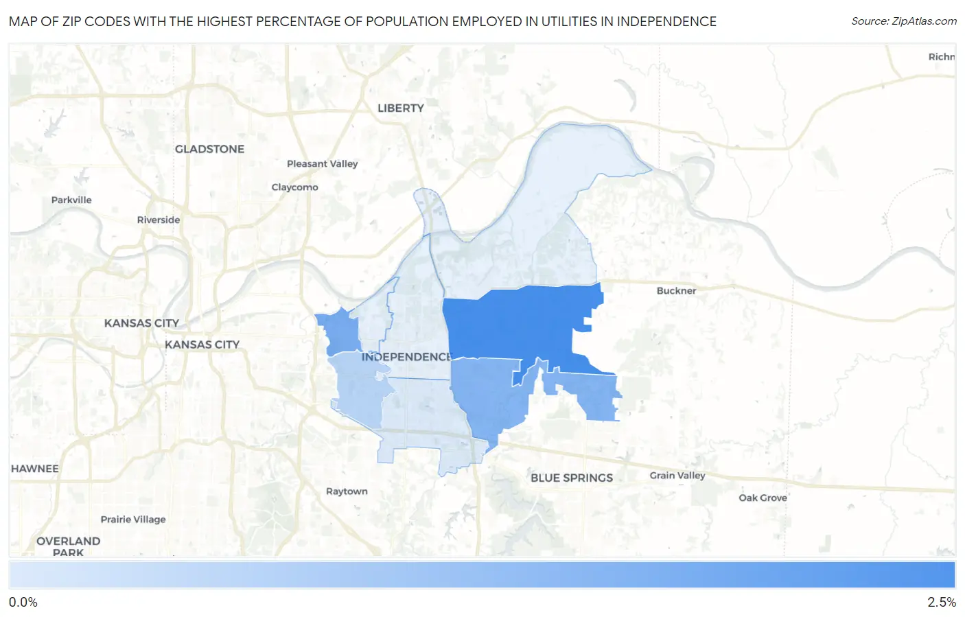 Zip Codes with the Highest Percentage of Population Employed in Utilities in Independence Map
