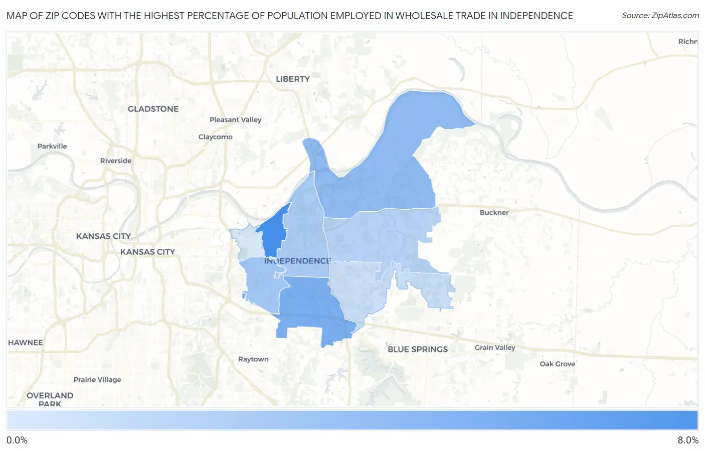 Zip Codes with the Highest Percentage of Population Employed in Wholesale Trade in Independence Map