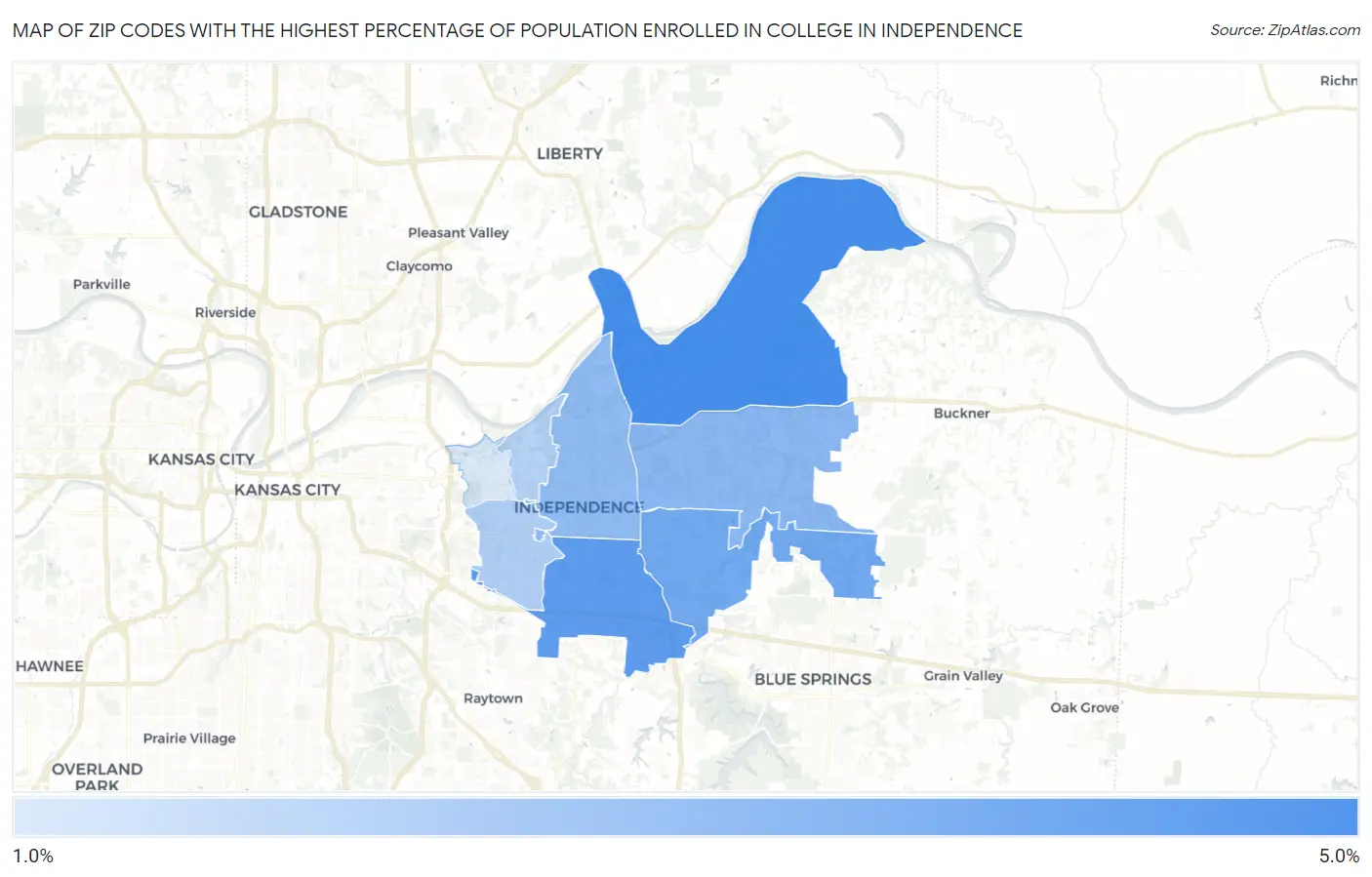 Zip Codes with the Highest Percentage of Population Enrolled in College in Independence Map
