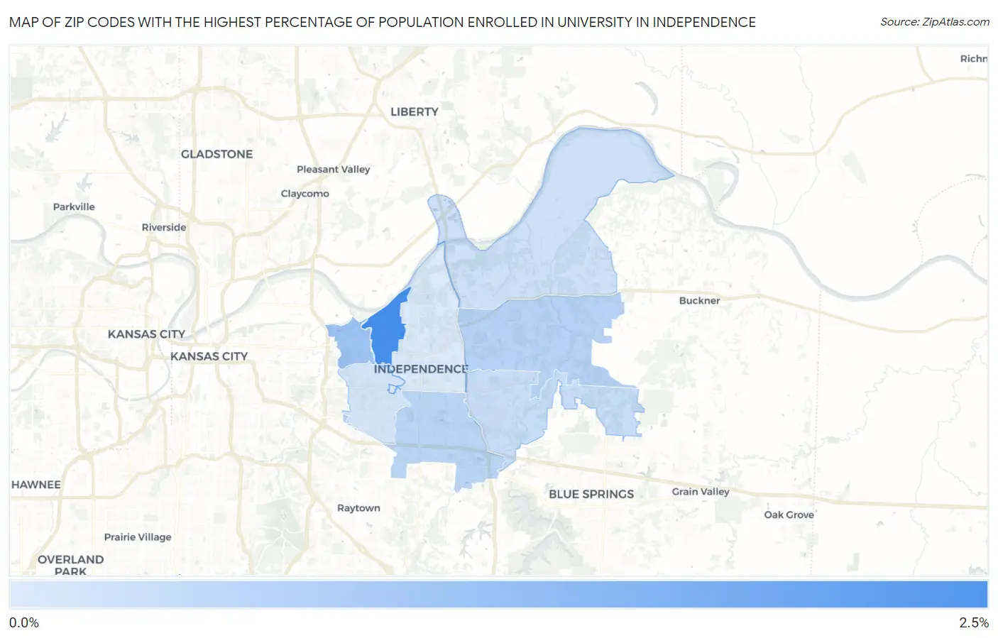 Zip Codes with the Highest Percentage of Population Enrolled in University in Independence Map