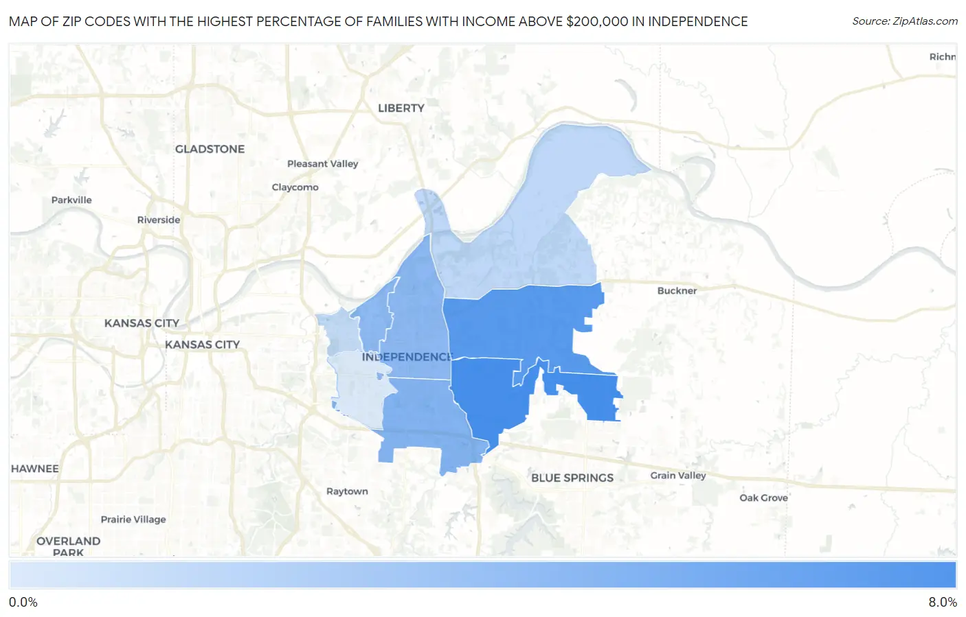 Zip Codes with the Highest Percentage of Families with Income Above $200,000 in Independence Map