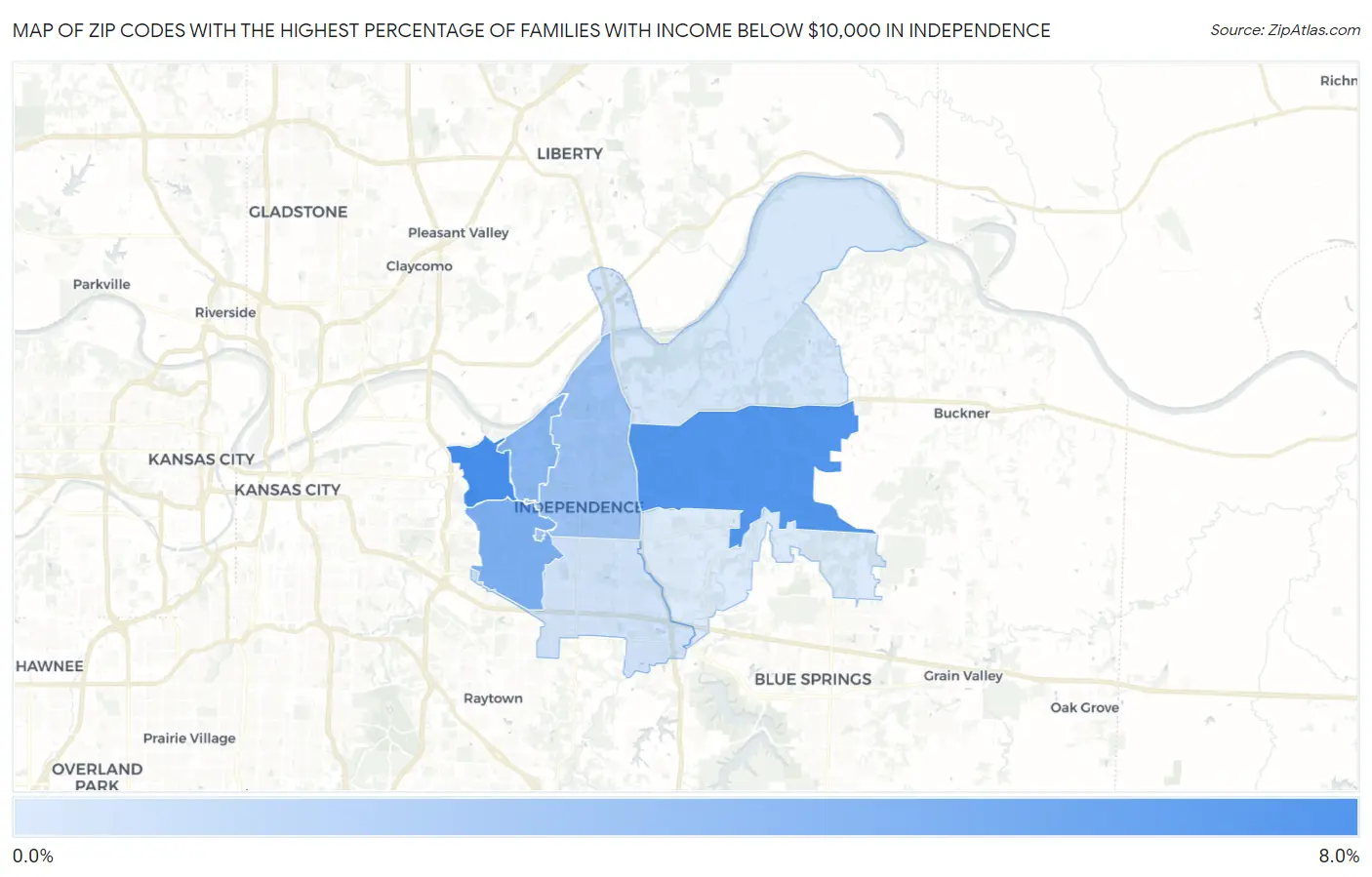 Zip Codes with the Highest Percentage of Families with Income Below $10,000 in Independence Map