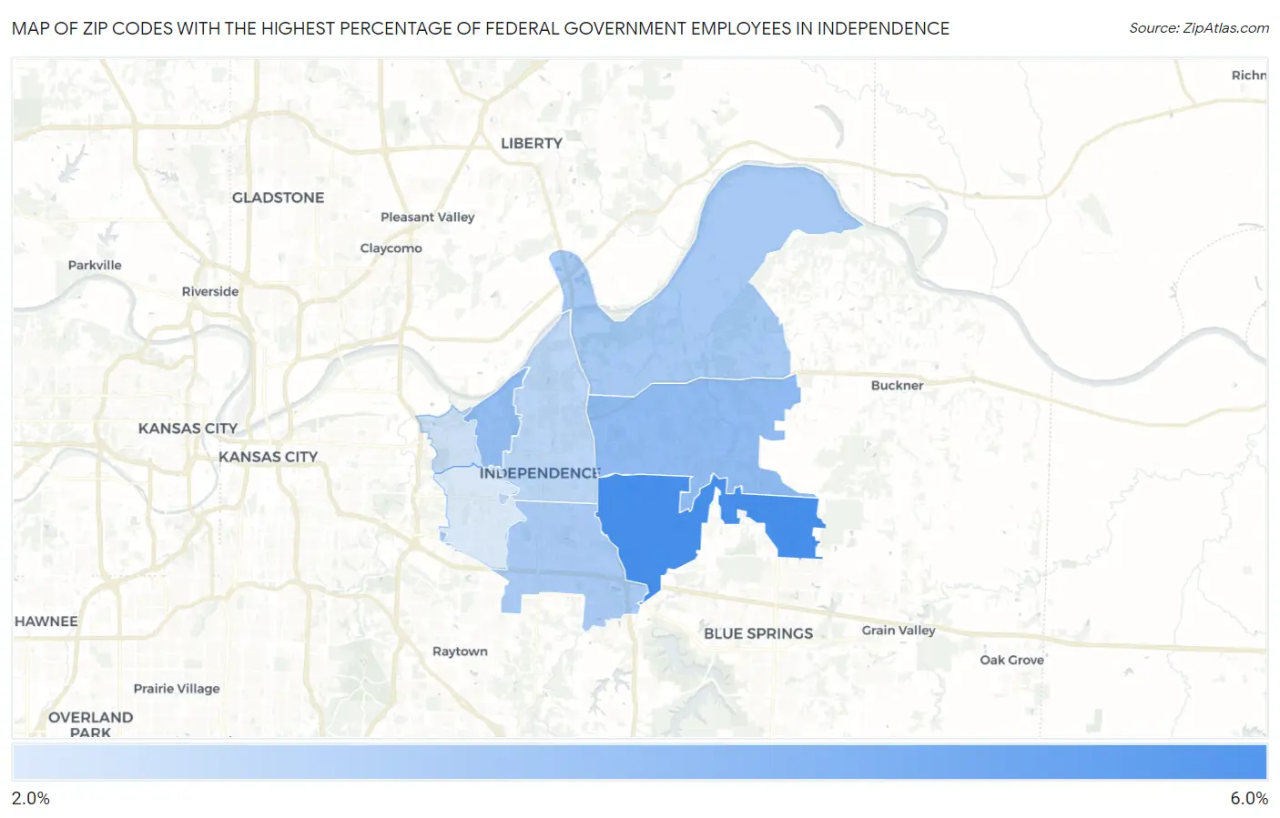 Zip Codes with the Highest Percentage of Federal Government Employees in Independence Map
