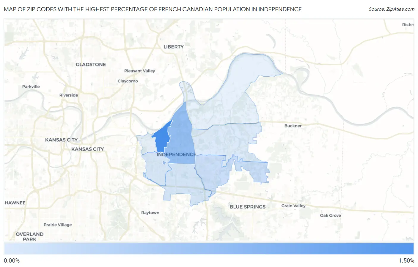 Zip Codes with the Highest Percentage of French Canadian Population in Independence Map