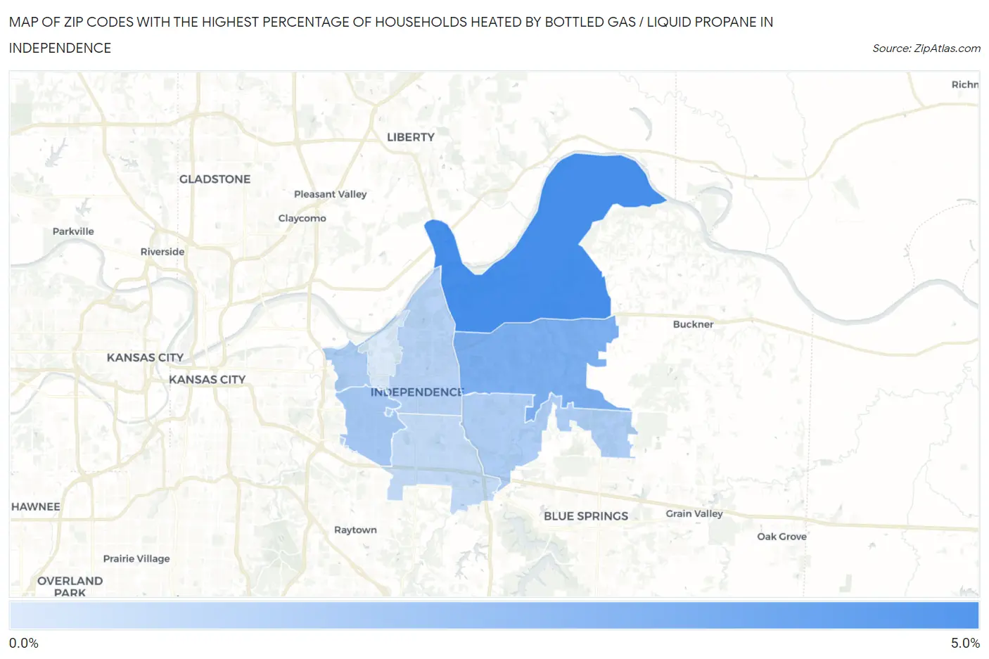 Zip Codes with the Highest Percentage of Households Heated by Bottled Gas / Liquid Propane in Independence Map