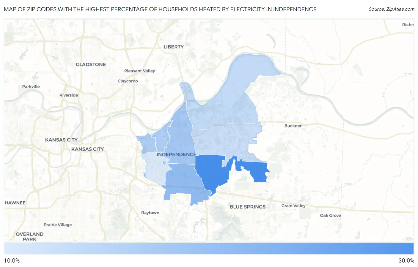 Zip Codes with the Highest Percentage of Households Heated by Electricity in Independence Map