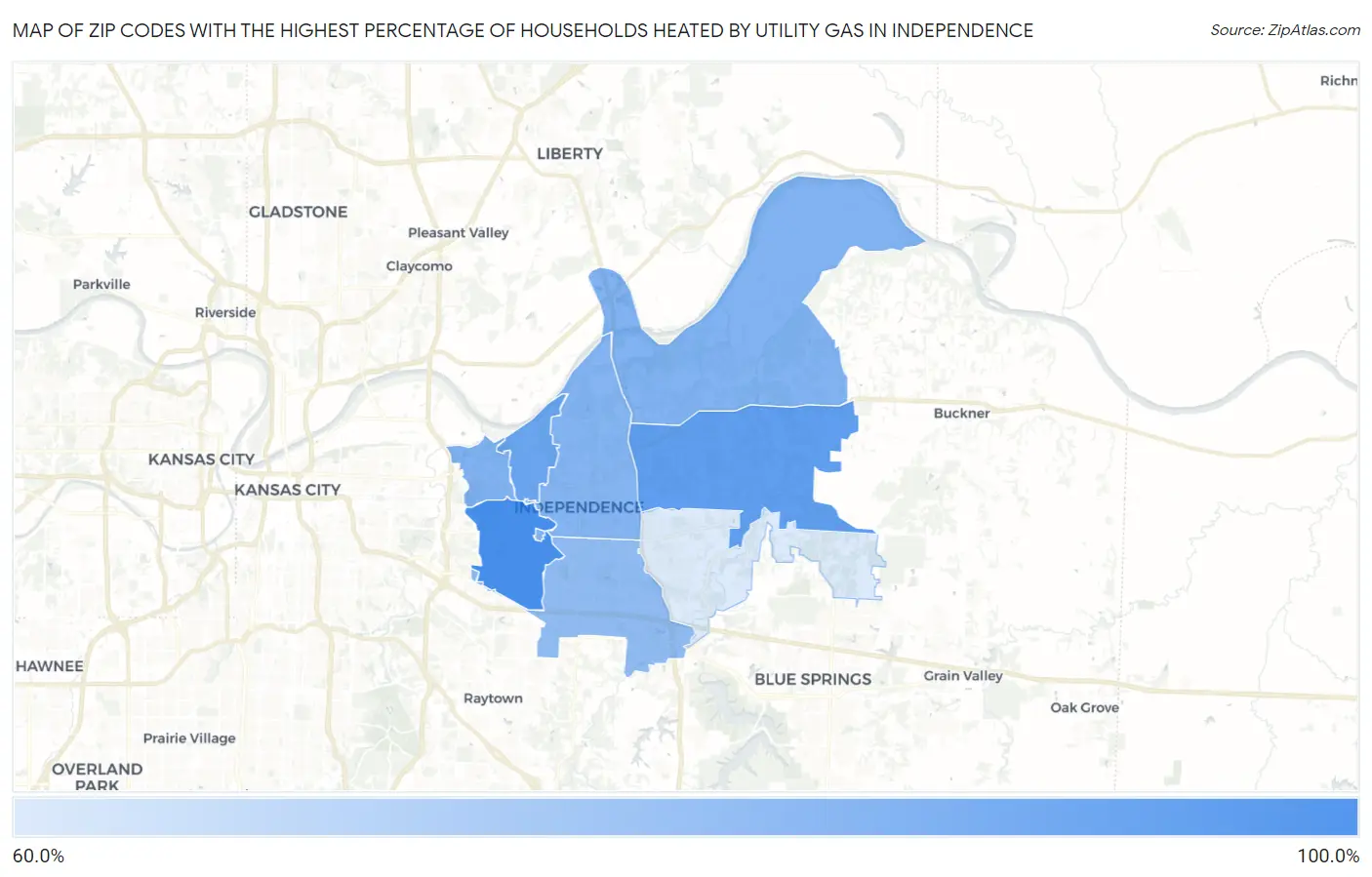 Zip Codes with the Highest Percentage of Households Heated by Utility Gas in Independence Map