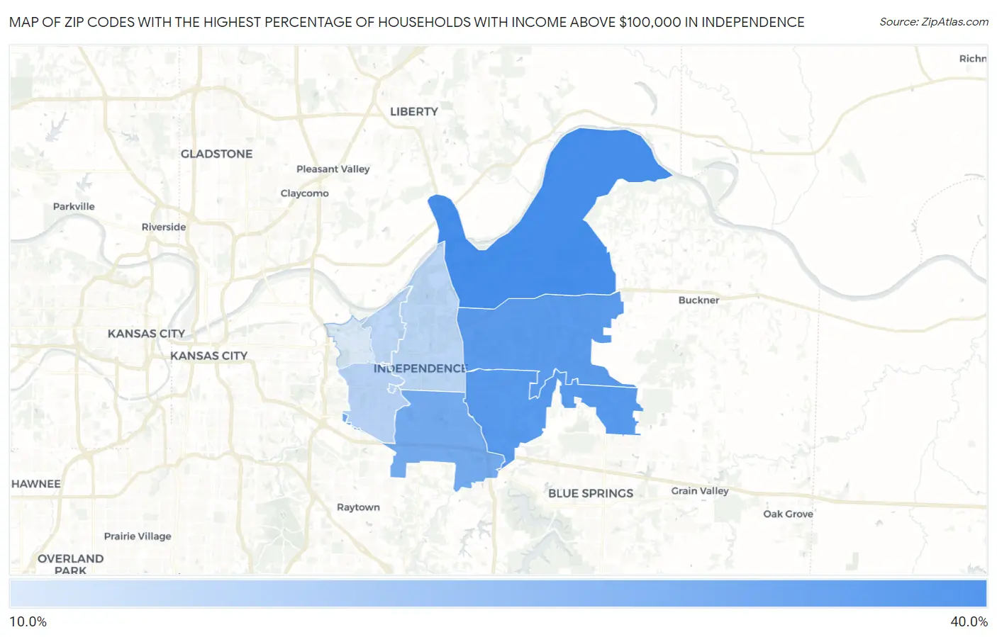 Zip Codes with the Highest Percentage of Households with Income Above $100,000 in Independence Map