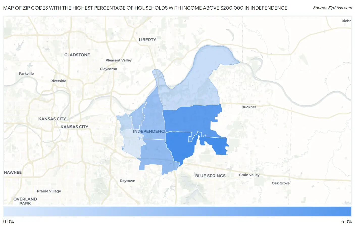 Zip Codes with the Highest Percentage of Households with Income Above $200,000 in Independence Map
