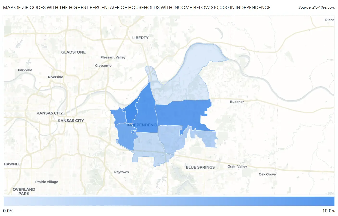 Zip Codes with the Highest Percentage of Households with Income Below $10,000 in Independence Map